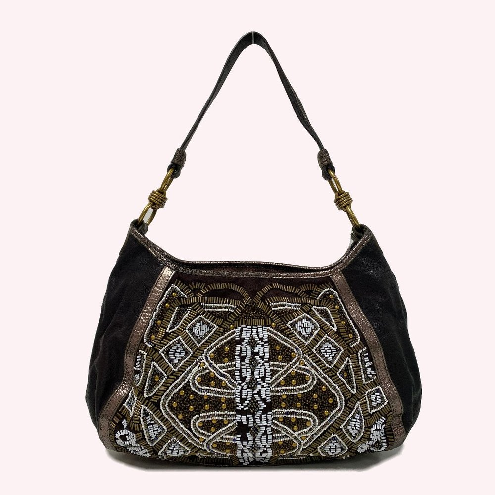 Isabella Fiore Beaded Brown Hobo Bag